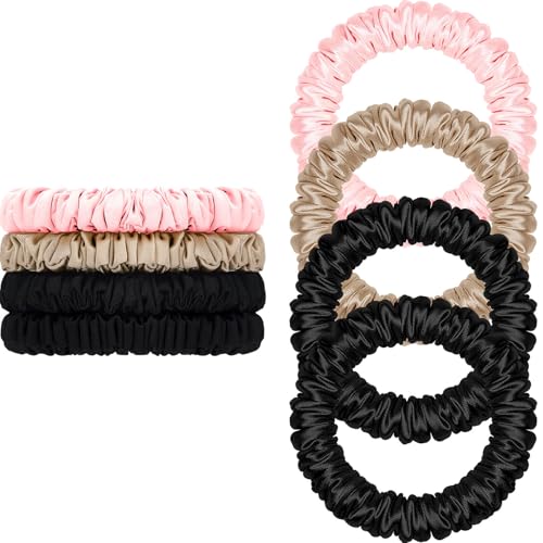 Scrunchies Hair Ties Silk Satin Scrunchy, WantGor Women 4PC Hair Bands | Pure Mulberry Silk Skinny Elastic Scrunchies Bracelets Ponytail Holders Hair Accessories (Champagne,Pink,Black*2) - color: Champagne,Pink,Black*2