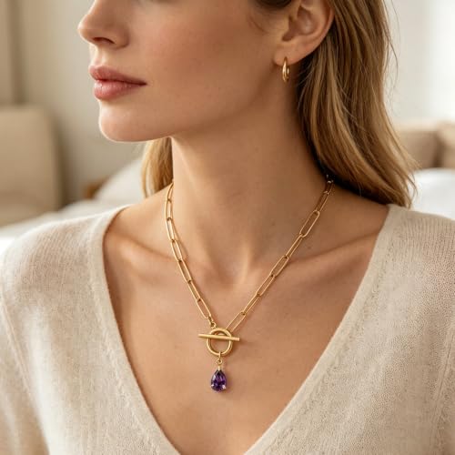 Teardrop CZ Pendant Paperclip Chain Necklace 18K Plated Paperclip Toggle Necklace Jewelry Birthstone Gift for Women - color: Amethyst-February