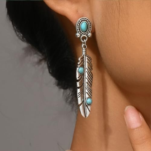 Western Turquoise Earrings Silver western earrings Bohemian turquoise western Jewelry for Women (Feather-Earrings)