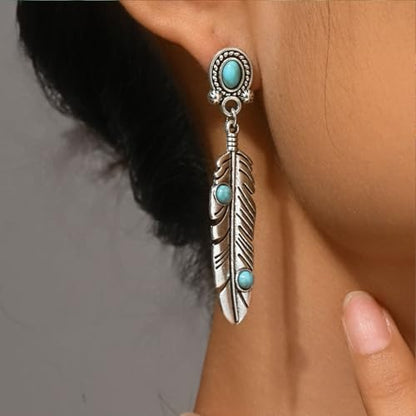Western Turquoise Earrings Silver western earrings Bohemian turquoise western Jewelry for Women (Feather-Earrings)