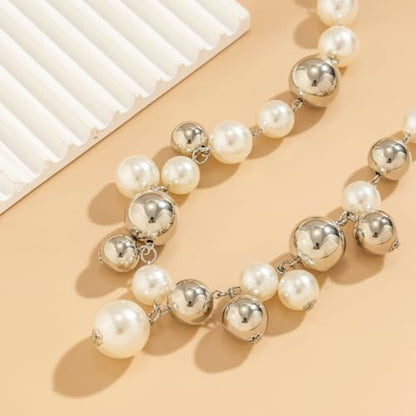CSIYANJRY99 Chunky Pearl Necklace for Women Big Faux Pearl Beaded Strand Necklace Wedding Prom Jewelry for Women - color: silver