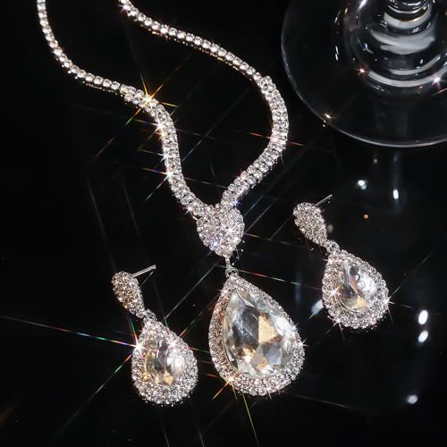 Fashion Red Black Colorful Bridal Teardrop Layered Crystal Necklace Earrings Set Sparkly Rhinestone Crystal Elegant Bridal Teardrop Shape Choker Earrings For Prom Costume Set Christmas Halloween Full Rhinestone Choker Necklace Earrings for Women - color:
