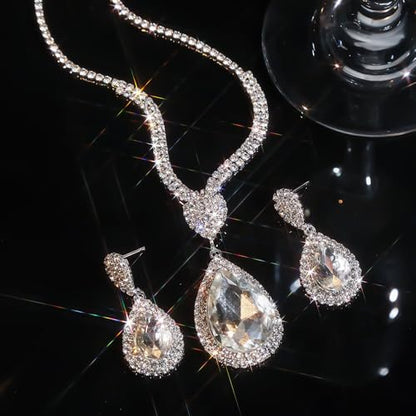 Fashion Red Black Colorful Bridal Teardrop Layered Crystal Necklace Earrings Set Sparkly Rhinestone Crystal Elegant Bridal Teardrop Shape Choker Earrings For Prom Costume Set Christmas Halloween Full Rhinestone Choker Necklace Earrings for Women - color: