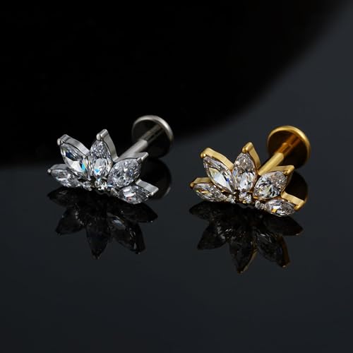 FINE4U 1PC ASTM F136 Titanium 16G Flatback Stud for Tragus, Helix, Conch 6mm 8mm - Screw on Cartilage Earring Piercing Jewelry - color: Flower CZ - Gold