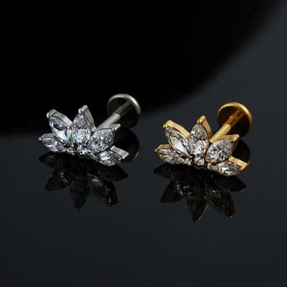 FINE4U 1PC ASTM F136 Titanium 16G Flatback Stud for Tragus, Helix, Conch 6mm 8mm - Screw on Cartilage Earring Piercing Jewelry - color: Flower CZ - Gold