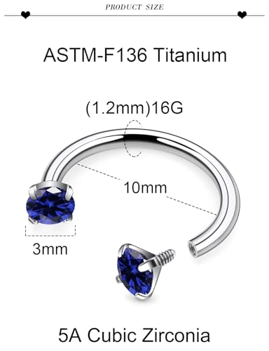 16G F136 Titanium Internal Thread Horseshoe Septum Nose Ring Piercing Jewelry Circular Barbell Helix Snug Tragus Rook Daith Cartilage Earring Lip Ring Piercing Jewelry for Women Men 8MM 10MM - style: 16G, 10MM Length, Blue CZ