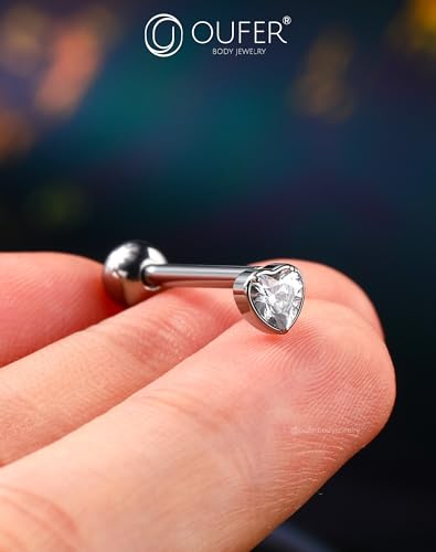 OUFER Titanium Tongue Piercing Jewelry, 14G Internaly Thread Tongue Rings for Women, Clear CZ Heart Shaped Body Piercing Jewelry-16mm