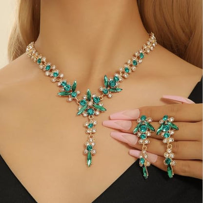 Wedding Jewelry Sets for Brides Rhinestone Necklace and Earring Set Bracelet Ring Gold Silver Prom Jewelry Sets Diamond Flower Teardrop Necklace for Women - color: Style5-Green