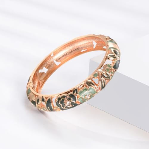 UJOY Womens Multi-Colors Cloisonne Bracelet Plated Flower Hollowed Enameled Hinged Cuff Bangles Jewelry Gift 88A10 - color: Green-3 Pcs-A10