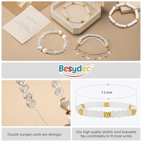 Besydec Stackable Boho Beaded Bracelets With Natural Stone & Pearl Heart & Clay Beads for Women,Adjustable Silver Jewelry - color: White