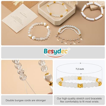 Besydec Stackable Boho Beaded Bracelets With Natural Stone & Pearl Heart & Clay Beads for Women,Adjustable Silver Jewelry - color: White