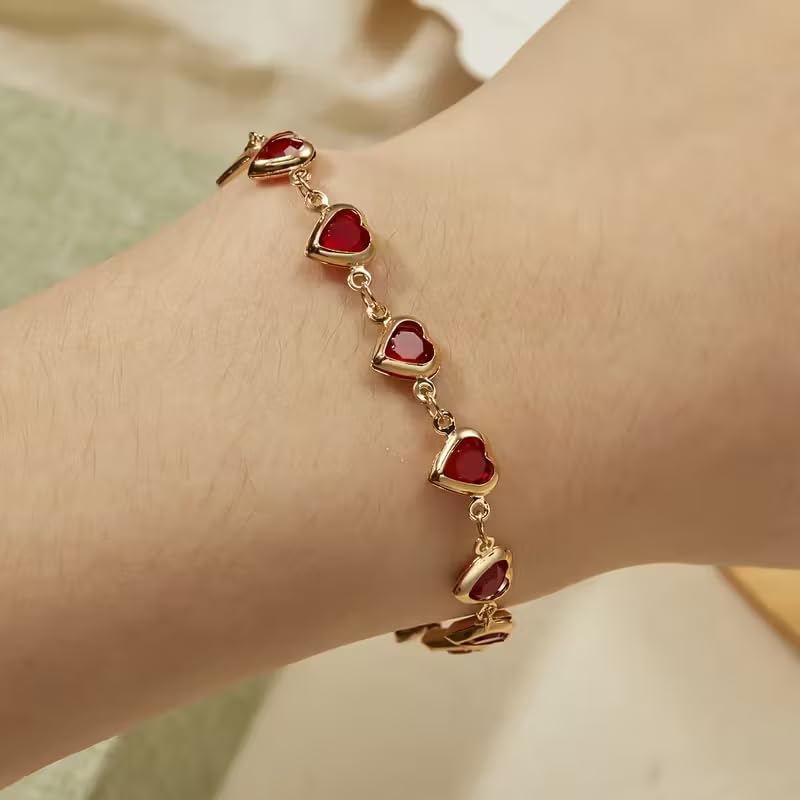1pc Heart Shape Bracelet With Colorful Rhinestone Beads,Small And Fresh Style(No Box) Valentines,Mother's Day,Gift - color: Gold-Red, size: One Size