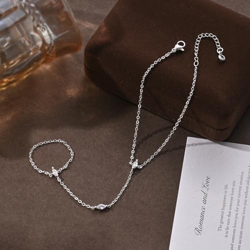 Bracelets for Women, Dainty Gold Silver Ring Bracelet Hand Chain | Cubic Zirconia Pearl Charms, 14K Gold Plated, Adjustable Fit, Trendy Stackable Link Chain, Waterproof Jewelry, Gift for Her - color: Silver-marquise hand chain
