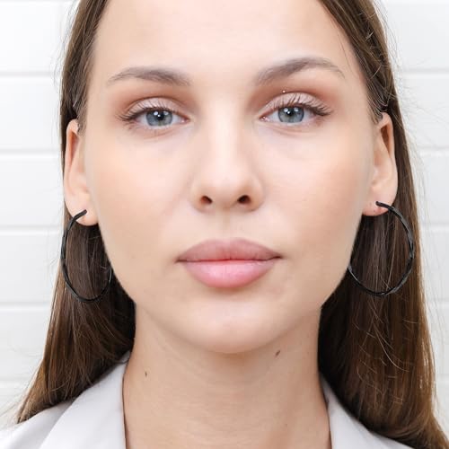 Hoops & Loops 925 Sterling Silver Twisted Hoop Earrings for Women - Hypoallergenic 14K Gold, Rose Gold, Black Flash Plated 2mm Thin Twist Design Round Click-Top Hoops, 15/20/25/30/35/40/50/60mm - color: Black-50mm(1.96inch)
