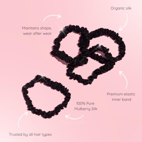 SILKIE x4 Set - Better than Satin - 100% Pure Mulberry Silk Black on Black Skinny Scrunchies Travel Pouch Everyday Hair Ties Elastics Hair Care Ponytail Holder No Damage (Noir) - color: Noir