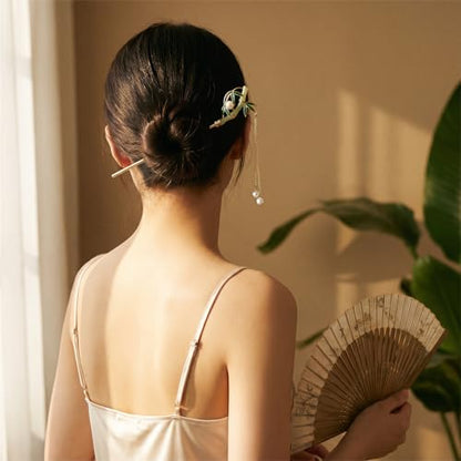 6Pcs Chinese Hair Pins, Gold White Japanese Hair Stick with Pearl Flower Bamboo Leaves Design, Retro Asian Gold Metal Hair Sticks Pins, Hair Bun Updo Holders Hair Chopstick Accessories for Women