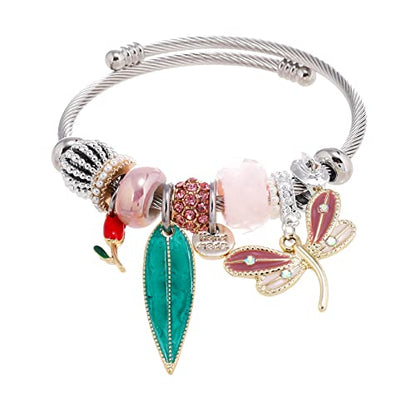 DS Charm Bracelets for girls,exquisite cute cartoon friendship bracelets Silver Stainless Steel Bangle with birthday Gift box, Adjustable girls jewelry Suitable for holiday gifts - style: Silver-pink Dragonfly