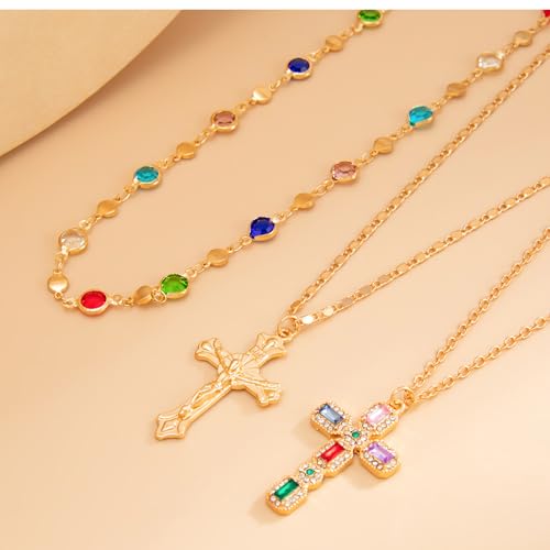 Layered Cross Necklace Set for Women, Layered Choker Necklaces Trendy Jewelry, Colorful Enamel Beaded Y-Shaped Lariat Necklace, Boho Multilayer Cross Necklace for Party and Daily Wear - color: Gold-09