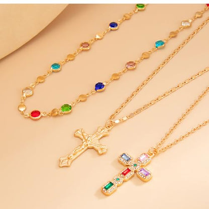 Layered Cross Necklace Set for Women, Layered Choker Necklaces Trendy Jewelry, Colorful Enamel Beaded Y-Shaped Lariat Necklace, Boho Multilayer Cross Necklace for Party and Daily Wear - color: Gold-09