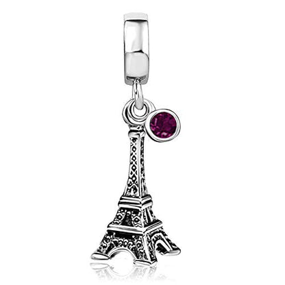 JMQJewelry Eiffel Tower Birthday Birthstone Jan-Dec Month Paris Dangle Womens Bead Charms for Bracelets Mothers Christmas Day - color: FEB