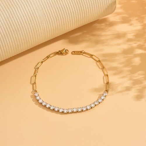 18K Gold Plated Tennis Bracelets for Women, Adjustable Cubic Zirconia Bracelet with Multi-color 4mm CZ Diamond Paperclip Chain, Dainty Trendy Birthday Bridal Jewelry Gifts for Women Daily Party Wear - color: White