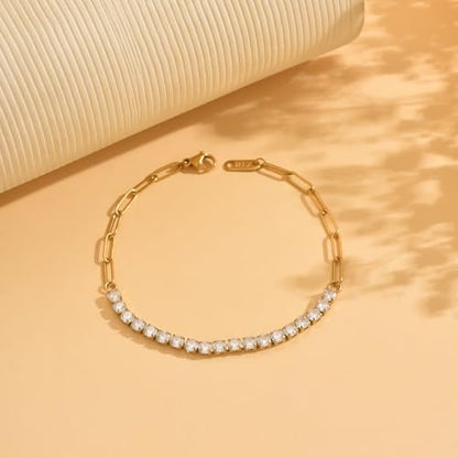 18K Gold Plated Tennis Bracelets for Women, Adjustable Cubic Zirconia Bracelet with Multi-color 4mm CZ Diamond Paperclip Chain, Dainty Trendy Birthday Bridal Jewelry Gifts for Women Daily Party Wear - color: White