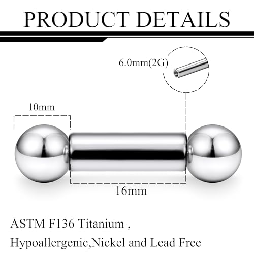 Ruifan Grade 23 Titanium Internally Threaded Nipple Piercing Jewelry Barbell Ring PA Tongue Rings Nipple Straight Body Piercing Jewelry for Women Men 16G 14G 12G 8G 6G 4G 2G - size: 2GA - 5/8" (16mm)