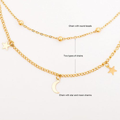 BaubleStar Star Moon Charm Necklace Layering Chain Choker for Women - color: Gold