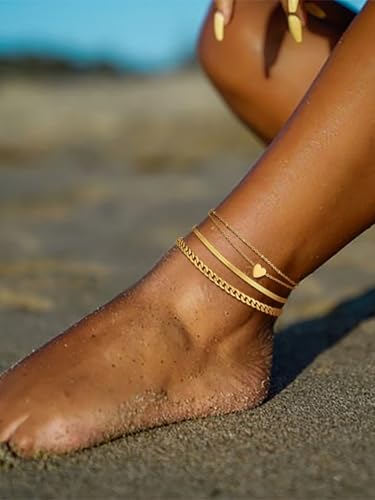 FOCALOOK Anklet Bracelets Set for Women, 14K Gold Plated Layered Anklet Set | Adjustable for Large Ankle, Cuban/Snake/Figaro/Paperclip Chain, Waterproof & Non Tarnish for Everyday Wear, Beach & Summer - color: B:3Pcs-Anklet Set-Gold