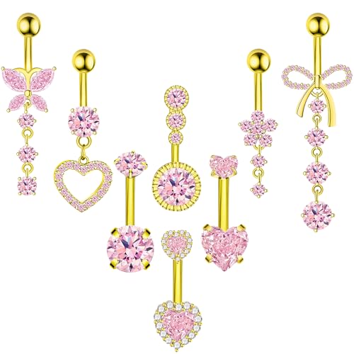BSJ4U 8Pcs Gold Pink Silver Belly Button Ring Dangle Navel Belly Piercing Jewelry Cute CZ Butterfly Heart Flower Bow Navel Belly Rings for Women 14G Hypoallergenic Surgical Stainless Steel Dainty Dangling Dangly Belly Button Piercing Pack - color: Gold Pi
