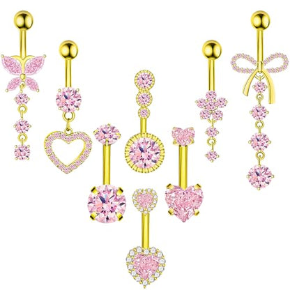 BSJ4U 8Pcs Gold Pink Silver Belly Button Ring Dangle Navel Belly Piercing Jewelry Cute CZ Butterfly Heart Flower Bow Navel Belly Rings for Women 14G Hypoallergenic Surgical Stainless Steel Dainty Dangling Dangly Belly Button Piercing Pack - color: Gold Pi