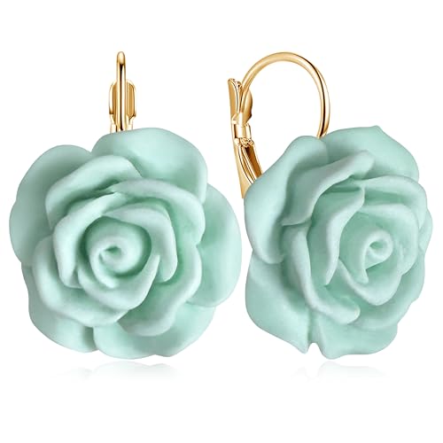 Handmade Bohemian Aesthetic Dainty Acrylic Flower Petal Leverback Earrings Sparkly 14K Gold Floral Dangle Drop Earrings for Women - color: Blue Green