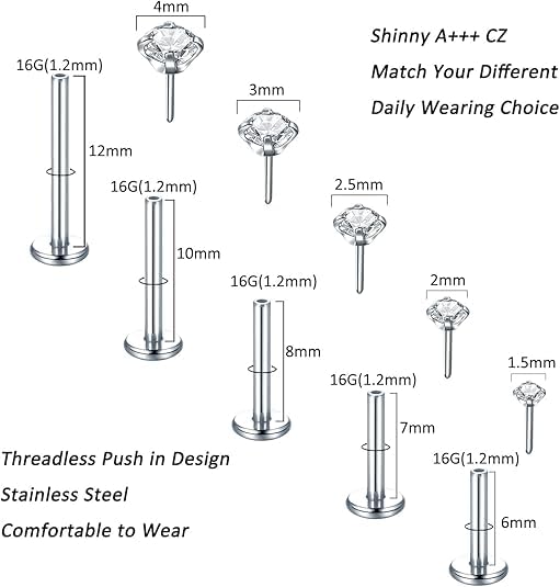 Aumeo 20G 18G 16G Threadless Push in Nose Rings Studs Surgical Steel Labret Jewelry Monroe Lip Rings Studs Medusa Ashley Piercing Jewelry for Women - color: Silver, size: 16g*6/7/8/10/12mm+grabber tool