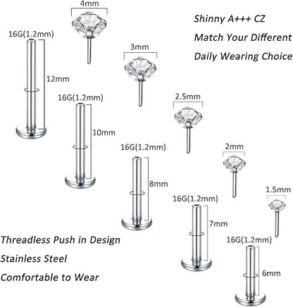Aumeo 20G 18G 16G Threadless Push in Nose Rings Studs Surgical Steel Labret Jewelry Monroe Lip Rings Studs Medusa Ashley Piercing Jewelry for Women - color: Silver, size: 16g*6/7/8/10/12mm+grabber tool