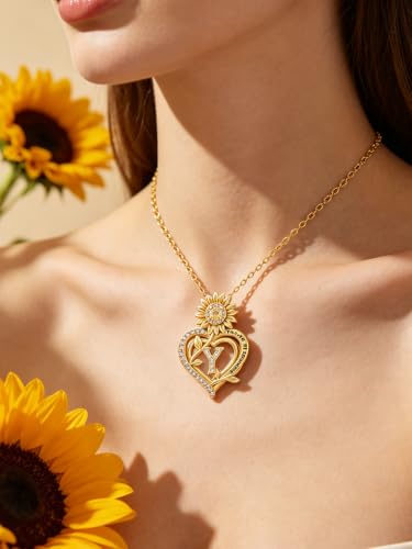 14K Gold Sunflower Initial Necklaces for Women | Heart Letter Pendant You Are My Sunshine Jewelry Gifts - style: Y