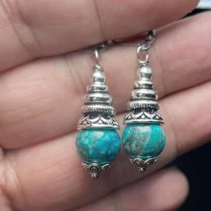 Natural 10mm Stone Beads Drop Earrings,Retro Silver Round Quartz Crystal Gemstone Beads Dangle Earrings for Women - color: A13_South-African Turquoise