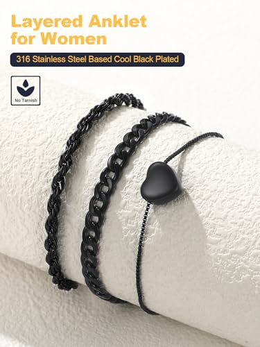 U7 2Pcs/3Pcs Ankle Bracelets for Women, Stainless Steel Cuban Link/Figaro/Rope/Heart Chain Anklets Sets,Waterproof Layered Anklets Adjustable 8.5"-10.5" - color: 04. 3Pcs Style B-Black