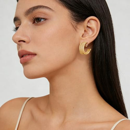 Clip on Earrings for Women Silver and Gold Plated Twisted Rope Hoops Non Pierced C Hoop Earring Lightweight Two Tone Clips Mixed Metal Jewelry Gifts - color: Wide Hoop-gold