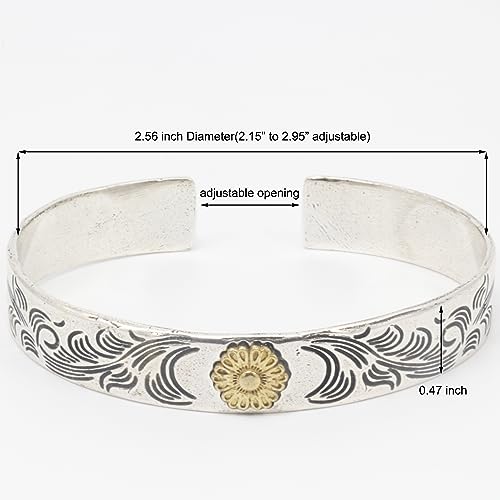 Innocence S925 Silver-Plated Antique Wide Feather Cuff Bracelet For Men Women Adjustable Retro Twisted Feathers Bracelets Gift Jewelry - color: Flower