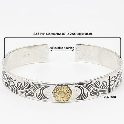 Innocence S925 Silver-Plated Antique Wide Feather Cuff Bracelet For Men Women Adjustable Retro Twisted Feathers Bracelets Gift Jewelry - color: Flower