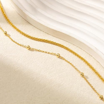 Tewiky Sterling Silver Plated Ankle Bracelets for Women,Dainty Layered Waterproof Anklet for Women Adjustable Sparkly Herringbone Beaded Rope Chain Set Stackable Cute Summer Beach Jewelry Gift - color: gold2