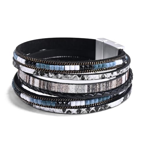 Wrapped Bracelets for Women,Leather Boho Bracelets for Women - color: Boho-Black