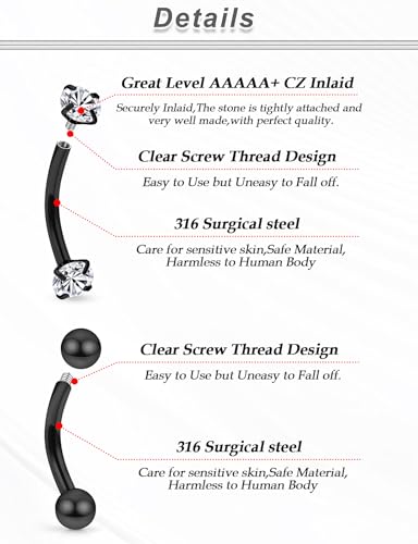 16G Eyebrow Rings Rook Piercing Jewelry 316L Surgical Steel Curved Barbells Vertical Lip labret Snake Eyes Piercing Jewelry Tongue Small Belly Ring 6mm 8mm 10mm Silver Black Gold - color: Black