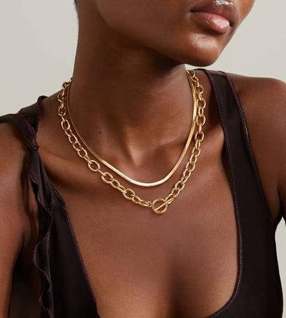 CHESKY 14K Gold Plated Chunky Necklace for Women, Trendy Toggle Clasp | Statement Pendant Necklace, Layered Paperclip Chain, Toggle Clasp Design, Thick Gold Chain, Non Tarnish Everyday Jewelry - color: gold, style: paperclip+herringbone