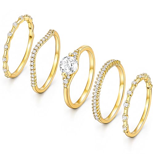 iF YOU Gold Rings for Women Non Tarnish, Dainty 14K Gold Plated Stackable Cubic Zirconia Knuckle Ring Set, Trendy Statement Promise Wedding Bands Stacking Engagement Rings Size 6 7 8 9 10