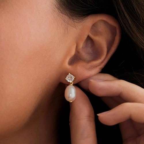 Pearl Earrings - 14K Gold/White Gold/Rose Gold Plated Cubic Zirconia CZ Diaomond Accented Pearl Drop Dangle Earrings for Women Wedding Bridal Prom - color: Drop 83