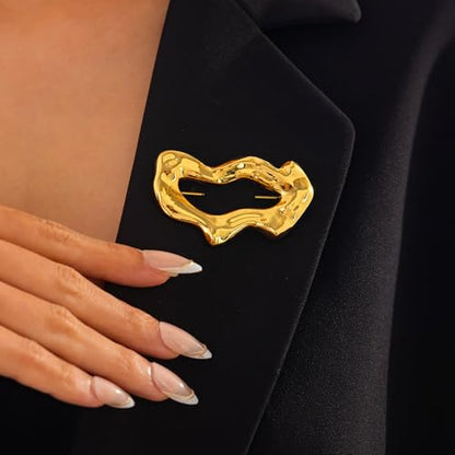 Geometric Teardrop Brooch for Women Gold Silver Statement Metal Brooch Pins Chunky Irregular Round Lapel Pin Coat Sweater Scarves Shawl Brooches Fashion Wedding Party Prom Jewelry - color: gold wave