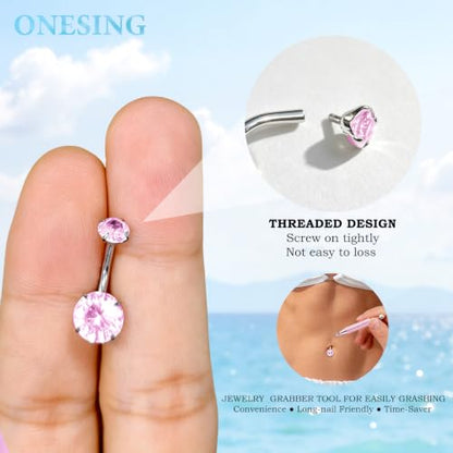 ONESING 14G Belly Button Rings Hypoallergenic Surgical Stainless Steel Belly Rings for Women Round Heart Teardrop Cubic Zirconia 12MM Navel Piercing Jewelry Barbell Studs with Tools - color: Silver B-Pink CZ-14G