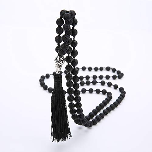 108 Mala Beads Necklace Semi-Precious Gem Stones Meditation Necklace 108 Hand Knotted Japa Mala Beaded Tassel Necklace with Tree of Life Pendant - color: Natural Lava Stone