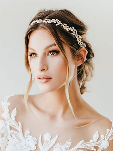 SWEETV Leaf Wedding Headpieces for Bride Flower Girl Gold Bridal Headband with Rhinestones Women Handmade Hair Accessories - color: Gold